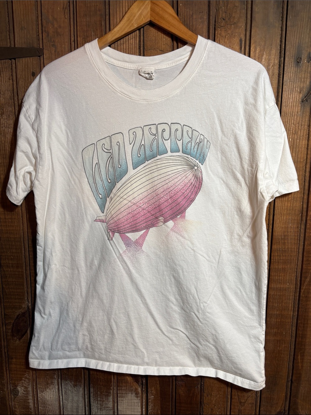 White Led Zeppelin T-Shirt with Blue and Pink Airship Graphic